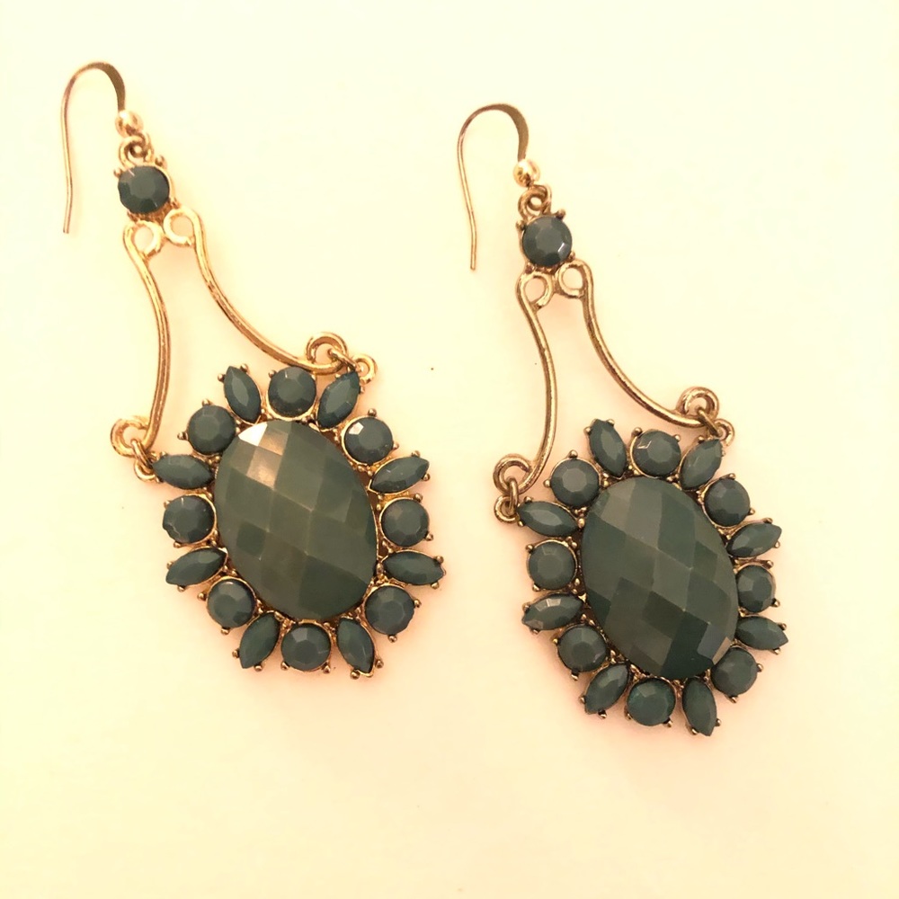 Earrings, green stone with gold accents.